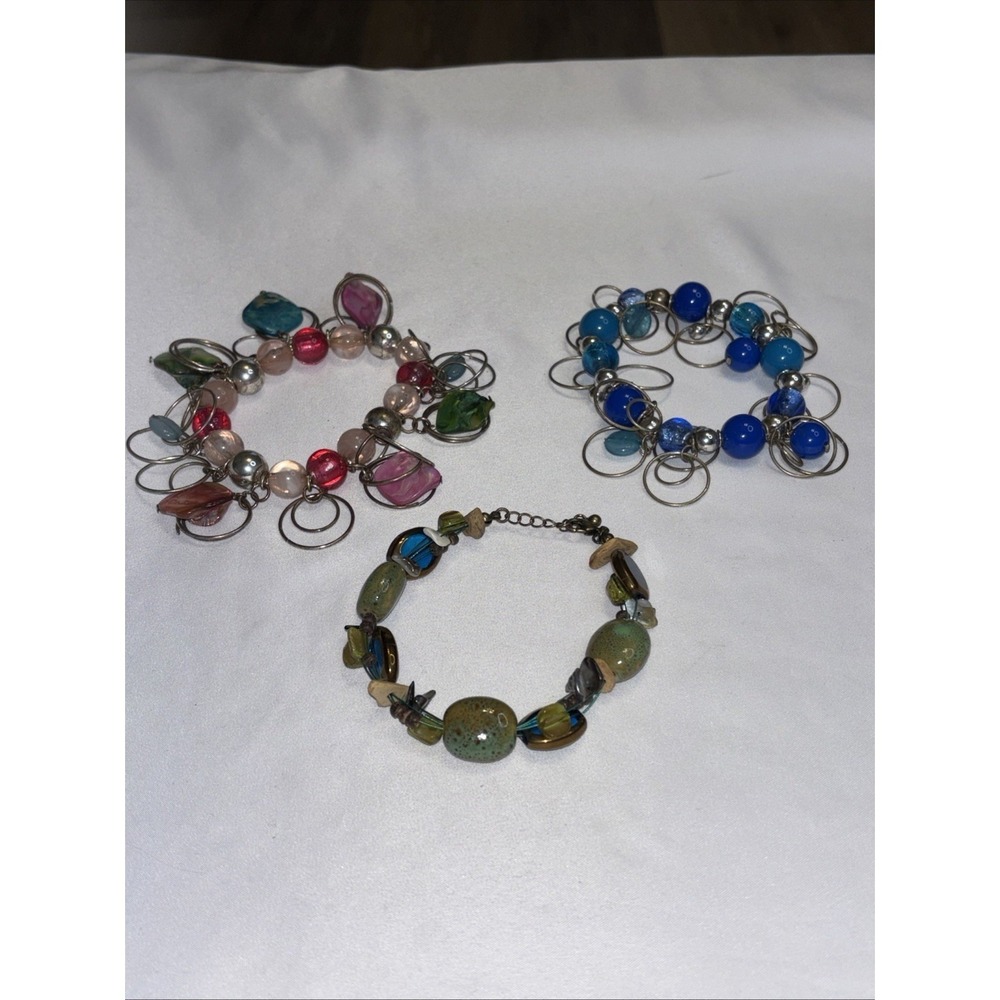 Vintage Beaded Bracelet Lot Dangle Charm Glass Boho 3pc